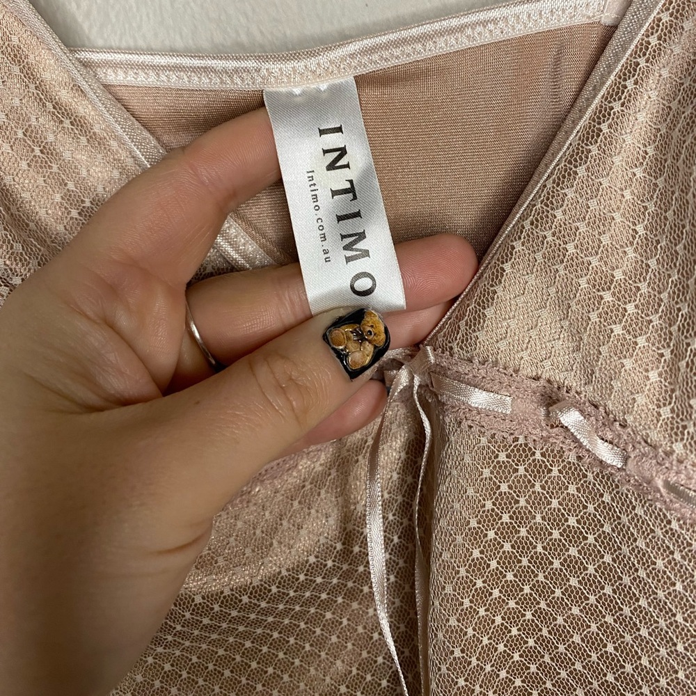 Luxury Designer Intimo Rose Gold Mesh Satin Asymmetrical Ribbon Lingerie Dress - Picture 11 of 14